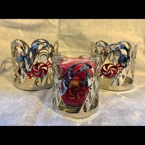 3 New candy cane silver candle holders & votive